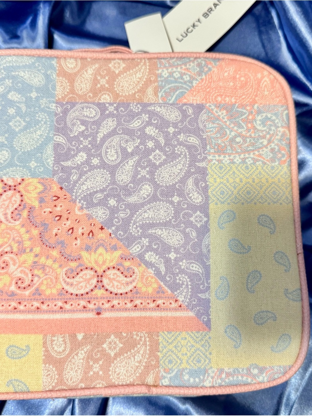 Lucky Brand Pastel Paisley Quilted Cosmetic Pouch in Pink, Lavender, Cream, Blue